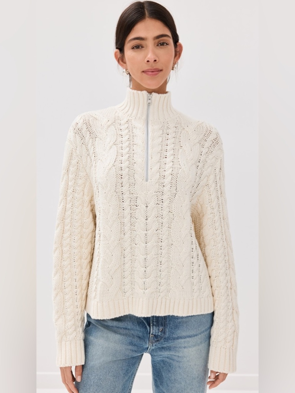 Jenni Kayne Cotton Cable Half Zip Pullover Sweater Thick Knit 1/2 Chunky Ivory